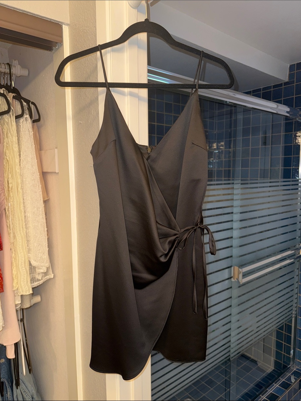 Topshop Black Satin Wrap-Style Mini Dress
